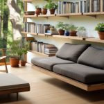 Interior of modern living room with bookshelves, sofa and armchair