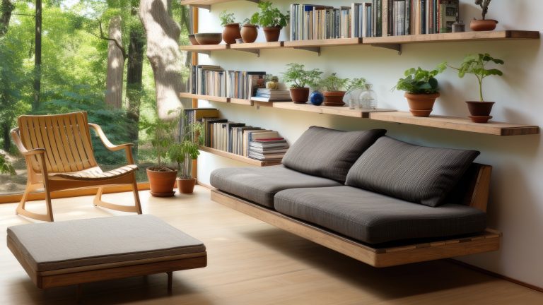 Interior of modern living room with bookshelves, sofa and armchair